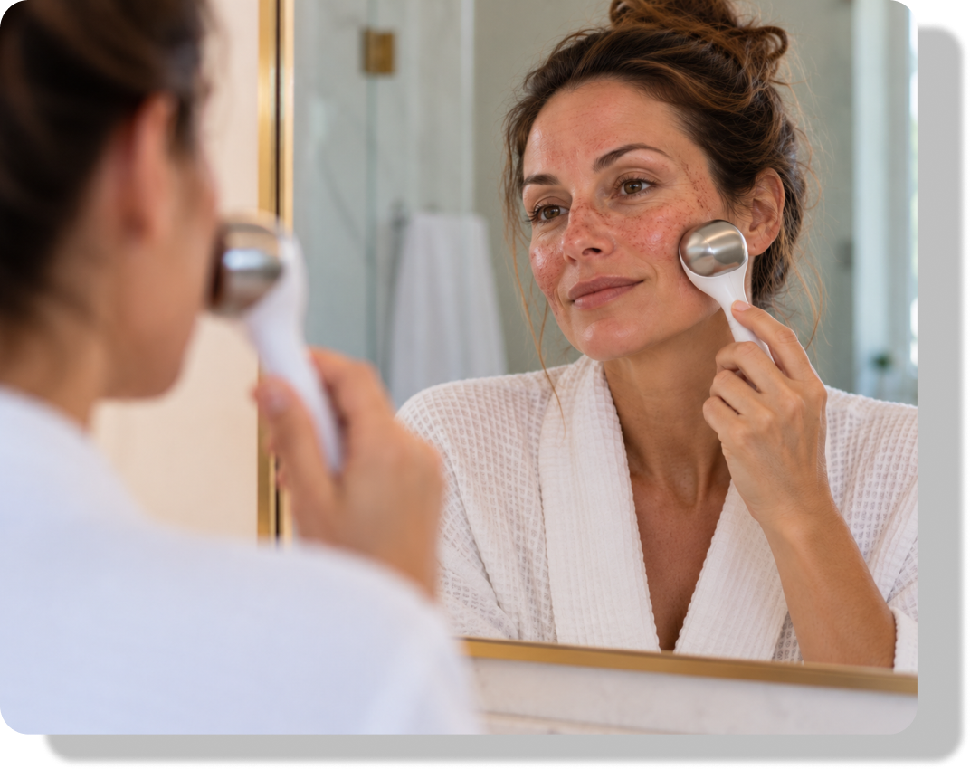 A client using a skincare tool in front of a mirror