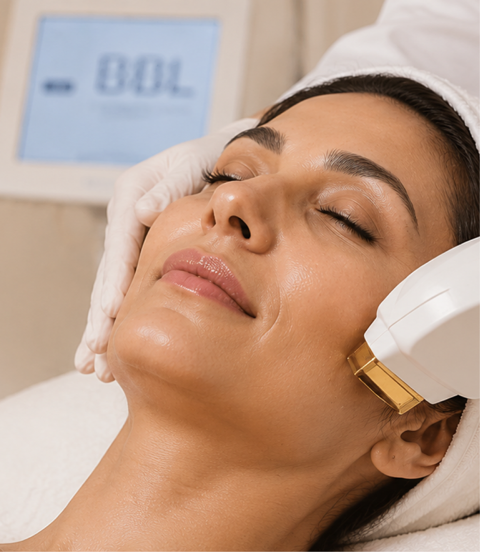 A client receiving a BBL laser treatment in the GlowGuide Suite
