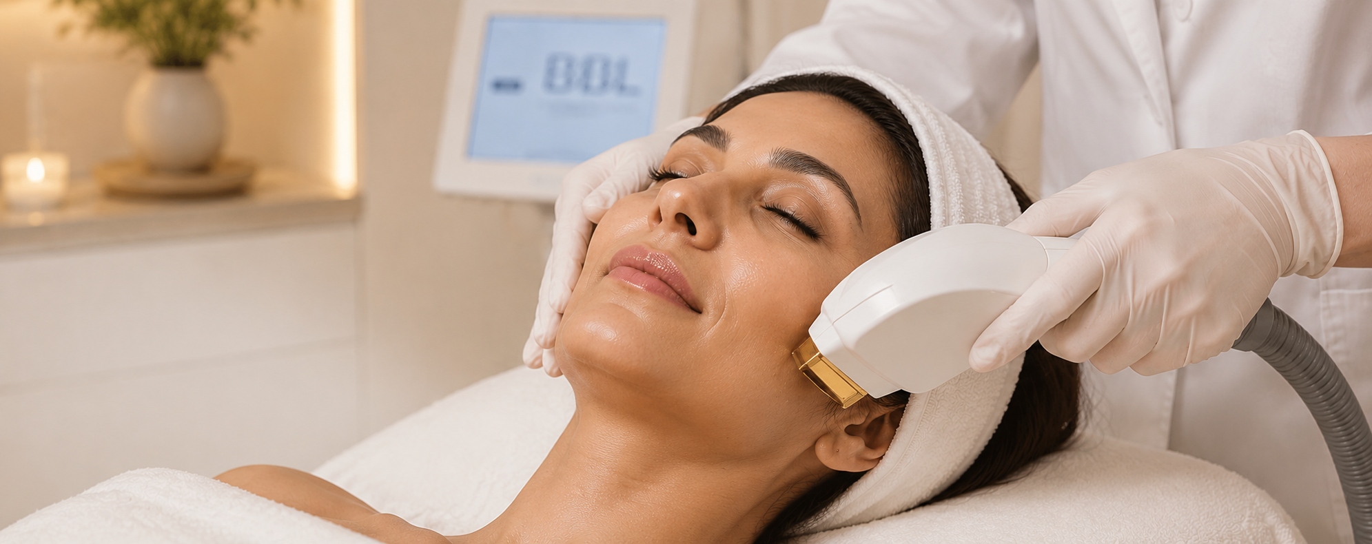 A licensed aesthetic professional performing an in-clinic laser treatment on a client